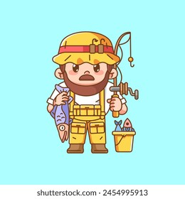 Cute uncle fisher fishing kawaii chibi character mascot illustration outline style design set