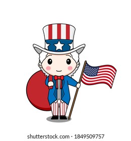 Cute uncle Sam brings gifts. Vector illustration of chibi character isolated on white background.