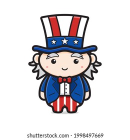 Cute uncle sam character celebrate america independence day cartoon icon vector illustration. Design isolated on white. Flat cartoon style.