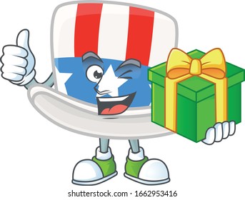 Cute uncle sam hat character holding a gift box
