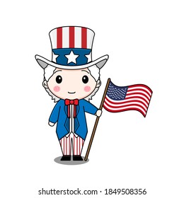 Cute uncle Sam Holding american flag. Vector illustration of chibi character isolated on white background.