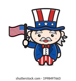 Cute uncle sam holding flag celebrate america independence day cartoon icon vector illustration. Design isolated on white. Flat cartoon style.