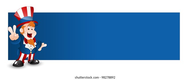 Cute Uncle Sam Isolated on Blue Banner