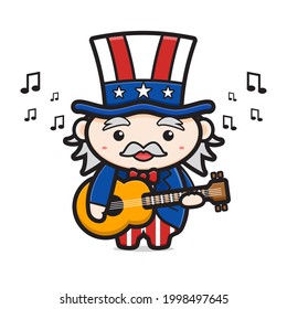 Cute uncle sam playing guitar celebrate america independence day cartoon icon vector illustration. Design isolated on white. Flat cartoon style.