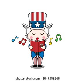 Cute uncle Sam sings a song. Vector illustration of chibi character isolated on white background.