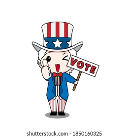 Cute uncle SAM vote presidential election. Vector illustration of chibi character isolated on white background.