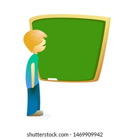Cute uncomprehending boy at school stands in front of blackboard. Funny amusing comical pupil or student. Eps 10 vector flat illustration.