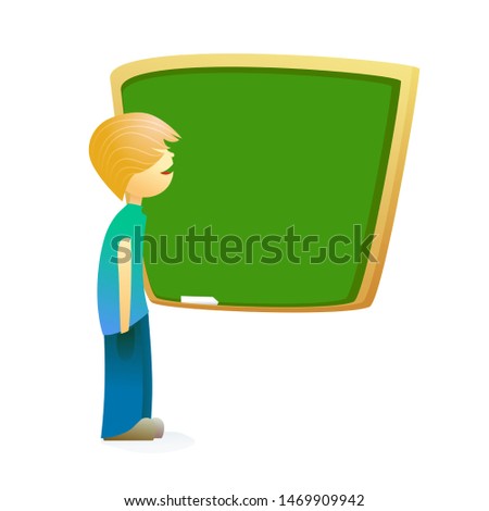 Cute uncomprehending boy at school stands in front of blackboard. Funny amusing comical pupil or student. Eps 10 vector flat illustration.