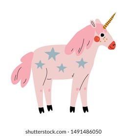 Cute Uncorn, Adorable Pink Fantasy Animal Character Decorated with Stars Vector Illustration