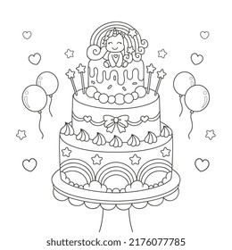 Cute uncorn birthday cake coloring page printable