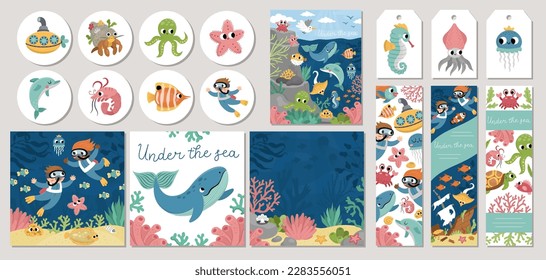 Cute under the sea cards set with seaweeds, fish, divers, submarine. Vector cartoon ocean life square, round, vertical print templates. Aquatic design for tags, postcards, ads with water animals
