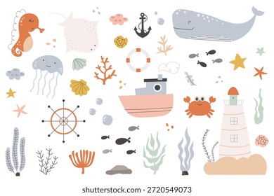 Lindas criaturas bajo el mar y Elementos náuticos Colección
