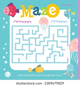 Cute Under the Sea Maze game for children. Help Jellyfish swim through Maze. Vector illustration. Labyrinth for kids activity book. Book square format.