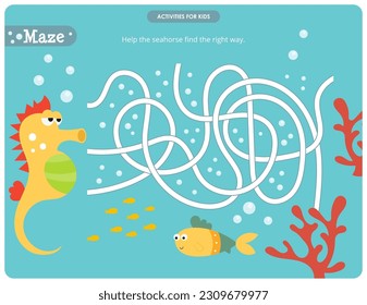 Cute Under the Sea Maze game for children. Help Seahorse find the Right Way. Vector illustration. Labyrinth for kids activity book.