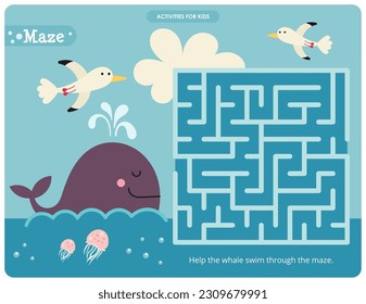 Cute Under the Sea Maze game for children. Help Whale swim through Maze. Vector illustration. Labyrinth for kids activity book.