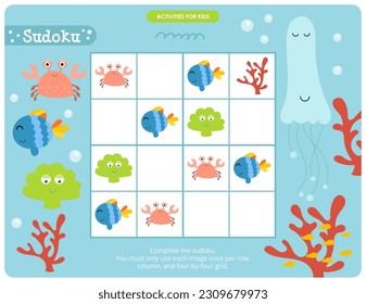 Cute Under the Sea Puzzle game for children. Ocean animals Sudoku. Vector illustration. Underwater Sudoku for kids activity book.