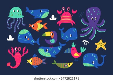 Cute under sea water animals set. Childish print for cards, apparel and decoration