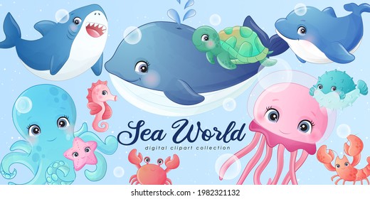 Cute under sea with watercolor illustration set