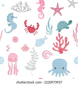 cute undersea animals, cartoon style childish seamless pattern