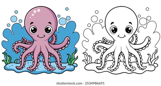 Cute Undersea Octopus Cartoon Outline Coloring Page For Kids