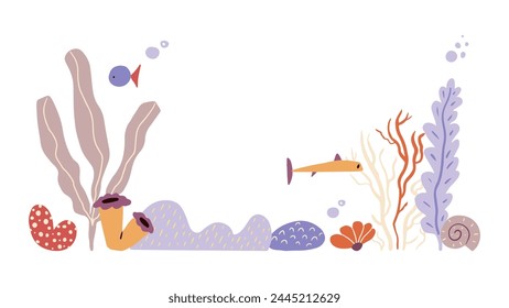 Cute undersea world with fish, coral reef and seaweed in cartoon style. Marine life background with copy space for text. Colored flat vector illustration