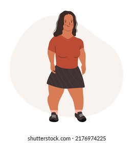 Una mujer de poco tamaño aislada en un fondo blanco. Mujer Midget. Movimiento positivo corporal y belleza Diversidad, Igualdad, Inclusión. Ilustración aislada del vector.