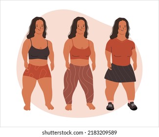 Una mujer de poco tamaño aislada en un fondo blanco. Carácter femenino con ropa diferente. Movimiento positivo corporal y belleza Diversidad, Igualdad, Inclusión. Ilustración aislada del vector.