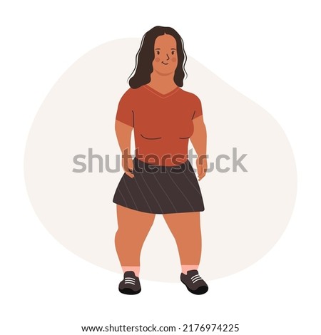 Cute Undersized woman isolated on white background. Woman Midget. Body positive movement and beauty Diversity, Equality, Inclusion. Vector isolated illustration.