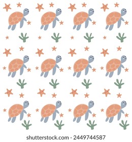 Cute underwater animal baby pattern. Cute pastel color of turtle pattern for kids. Cute characters. Underwater background