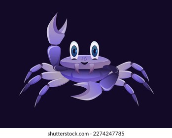 Cute underwater animal. Colorful gradient sticker with purple crab. Smiling crayfish with claws. Inhabitant of sea and beach. Cartoon flat vector illustration isolated on dark background