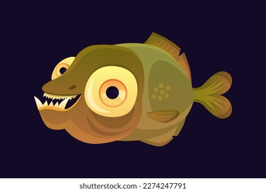 Cute underwater animal. Colorful gradient sticker with deep sea scary angler fish. Funny inhabitant of sea or ocean. Marine life. Cartoon flat vector illustration isolated on dark background