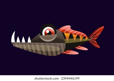 Cute underwater animal. Colorful gradient sticker with deep sea scary fish with teeth. Funny character inhabitant of ocean or marine. Cartoon flat vector illustration isolated on white background