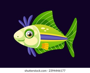 Cute underwater animal. Colorful sticker with green small dorado fish or grouper. Marine Life. Funny sea creature or ocean dweller. Cartoon flat vector illustration isolated on white background