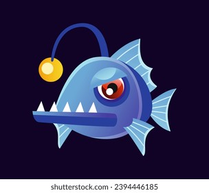 Cute underwater animal. Colorful sticker with deep sea angler fish with antenna and flashlight. Terrible monkfish. Oceanic or marine life. Cartoon flat vector illustration isolated on white background