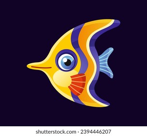 Cute underwater animal. Colorful sticker with beautiful aquarium fish angel. Domestic sea pet. Ocean dweller or marine creature. Cartoon flat vector illustration isolated on white background