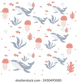Cute underwater animal pattern. Sea Animal pattern for kids. Nursery pattern. Underwater background.