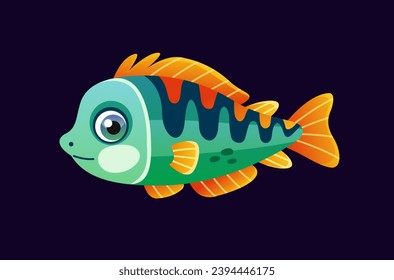 Cute underwater animal. Sticker with beautiful aquarium or ocean fish. Funny sea creature with fins, scales and tail. Marine life. Cartoon flat vector illustration isolated on white background