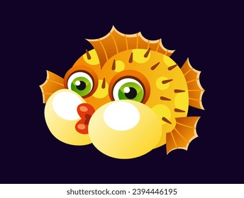 Cute underwater animal. Sticker with funny inflated pufferfish with needles. Deep sea fish or ocean dweller. Marine or aquarium life. Cartoon flat vector illustration isolated on white background