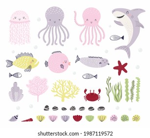 Cute underwater animals, fish, plants clipart set, isolated on white. Hand drawn vector illustration. Sea, ocean elements. Scandinavian style flat design. Concept kids fashion, textile print, poster