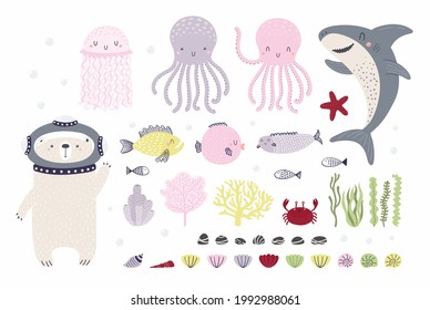 Cute underwater animals, fish, plants, bear diver clipart set, isolated on white. Hand drawn vector illustration. Sea ocean elements. Scandinavian style flat design. Concept kids fashion print, poster