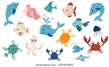 Cute underwater animals. Fish, sea turtle, octopus, crayfish, crab, dolphin, jellyfish. Sea life elements. Vector doodle cartoon set of marine life objects for your design.