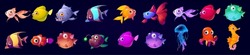 Geräumige Unterwassertiere, Fische, Seepferdchen, Quallen Und Tintenfisch. Vektorcartoon-Set Aus Aquarienfiguren, Lustige Meereslebewesen, Pufffische Einzeln Auf Schwarzem Hintergrund