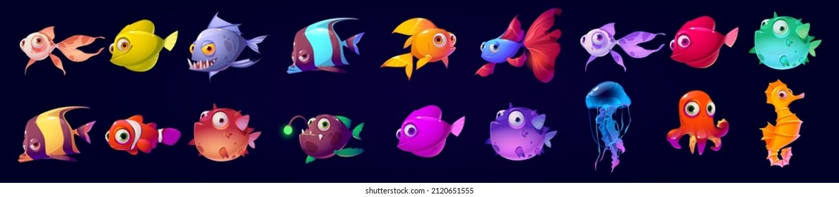 Animales submarinos, peces, caballitos de mar, medusas y pulpo. Juego de dibujos animados vectoriales de personajes acuarios, criaturas marinas divertidas, peces globo aislados en fondo negro
