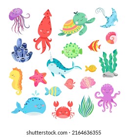 Animales submarinos, peces, caballitos de mar, medusas y pulpo. Juego de dibujos animados de personajes acuarios, criaturas marinas divertidas, pez globo aislado sobre fondo blanco. Ilustración del vector