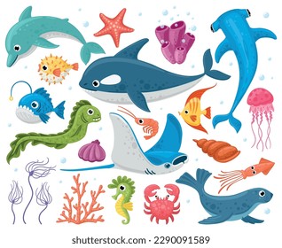 Cute underwater animals, fish, seahorse, jellyfish and octopus. Vector cartoon set of aquarium characters, funny marine creatures, puffer fish isolated svg