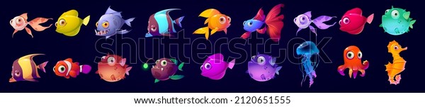 Cute underwater\
animals, fish, seahorse, jellyfish and octopus. Vector cartoon set\
of aquarium characters, funny marine creatures, puffer fish\
isolated on black\
background