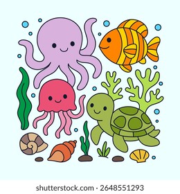 Cute Underwater Animals – Octopus, Turtle, Jellyfish, Fish Vector Set