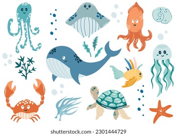 Geruchte Unterwassertiere. Elemente des Meereslebens. Wale, Quallen, Muscheln, Algen, Fische, Kalmare und Schildkröten. Vektordoodle Cartoon Set von Meereslebewesen für Ihr Design.