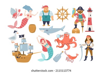 Animales submarinos, dibujos animados de ladrones marinos. Sirena, medusa, barco con ancla, cangrejo, pulpo, personaje de capitán infantil, faro sobre fondo blanco. Concepto marino, oceánico