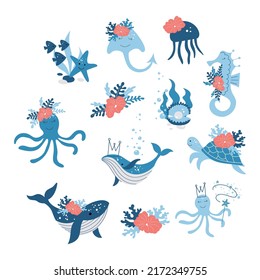 Cute Underwater Animals Vector Set, Baby Decorative Ocean Creatures 